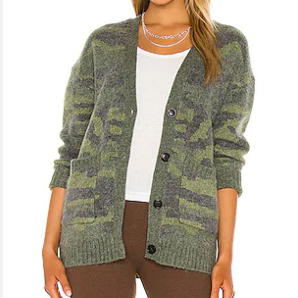 Rails Runi Green Gray Camouflage Button Cardigan Alpaca Wool Fuzzy Thick Knit XS